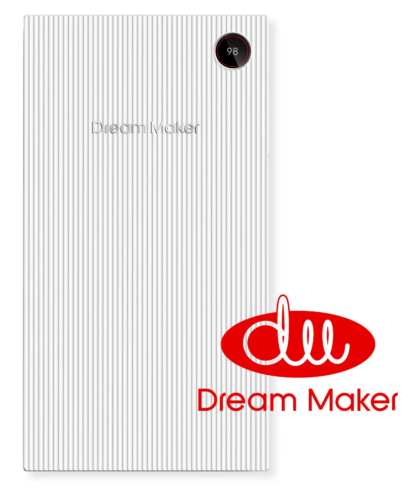 Weiße, rechteckige Batterie von Dream Maker mit geriffelter Oberfläche und Temperaturanzeige. Das Design ist schlicht und funktional.